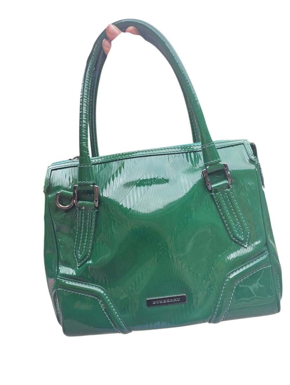 Burberry Green Patent Leather Tote – Nova Check Embossed Crossbody Bag Like New